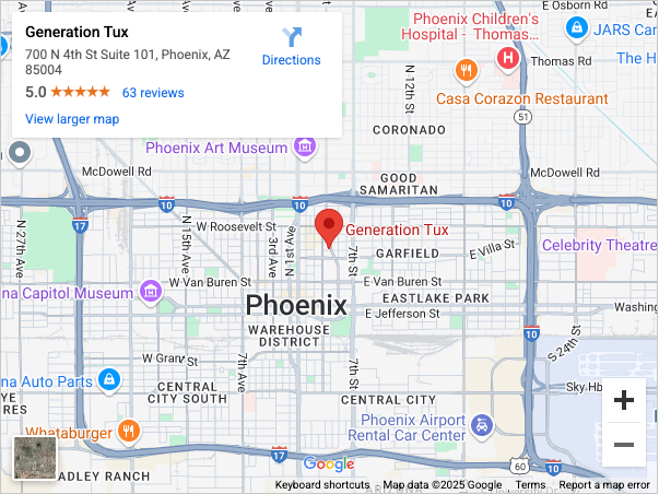 Google Maps showing location of new Generation Tux Showroom in Phoenix, AZ