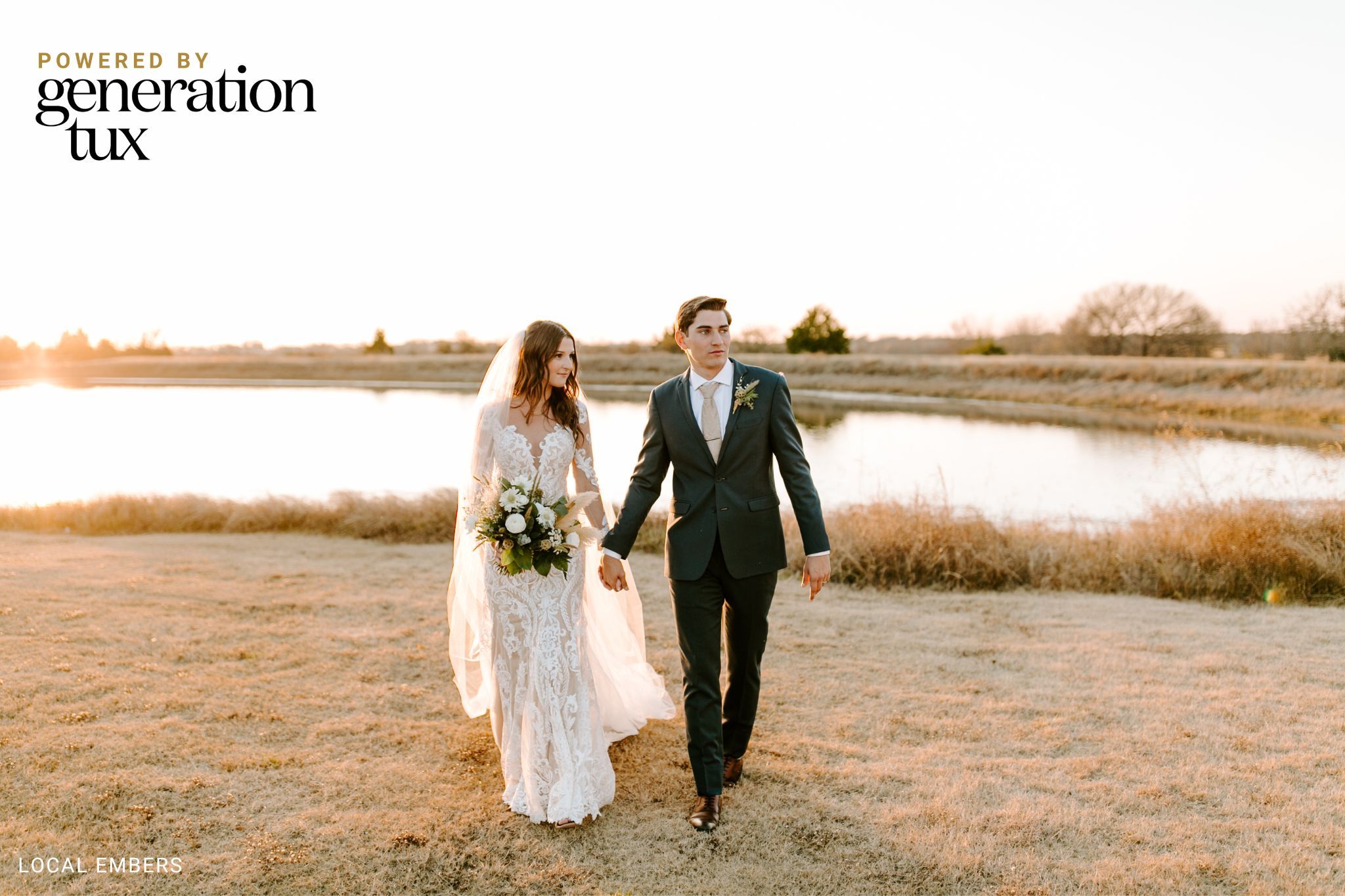 Wedding couple by the lake at sunset 