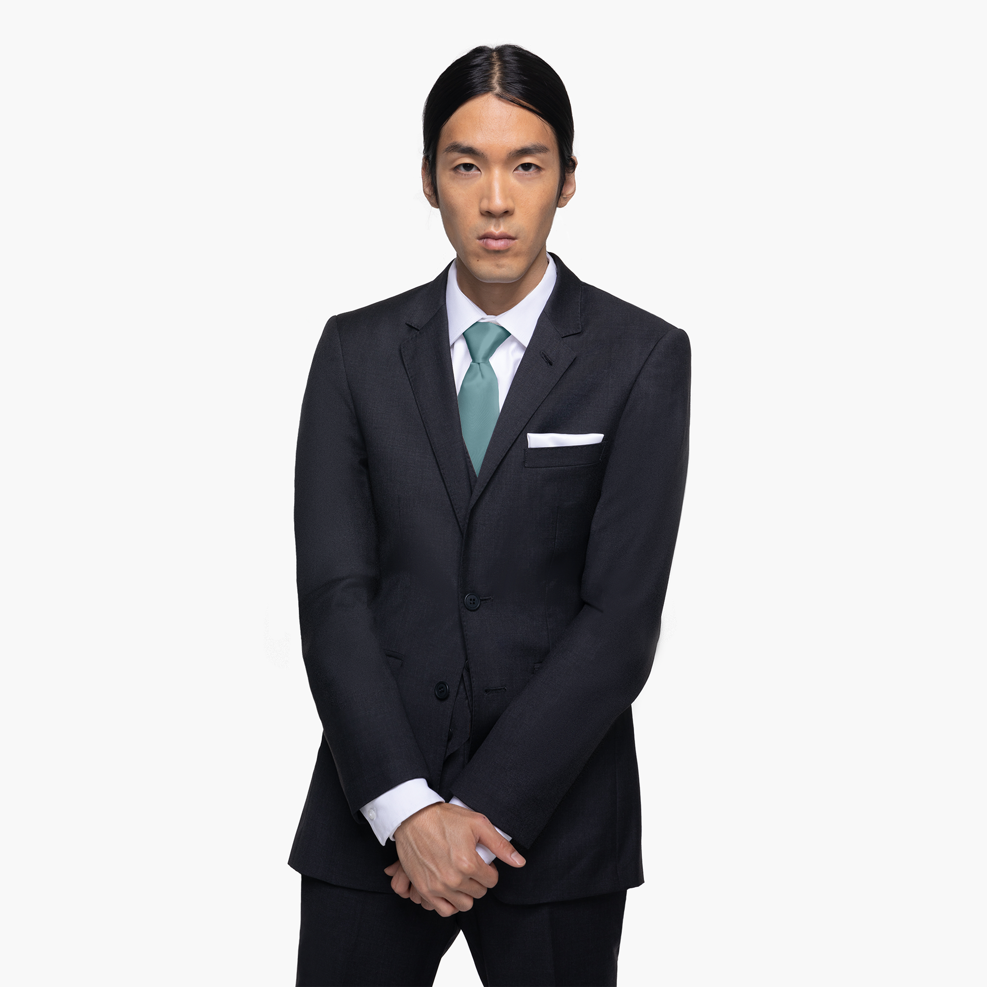 Charcoal notch lapel suit on male model