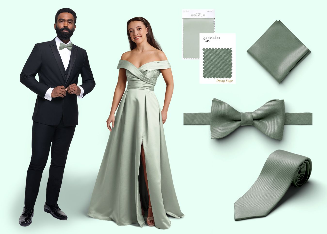 Generation Tux and David's Bridal Dusty Sage accessories and dress