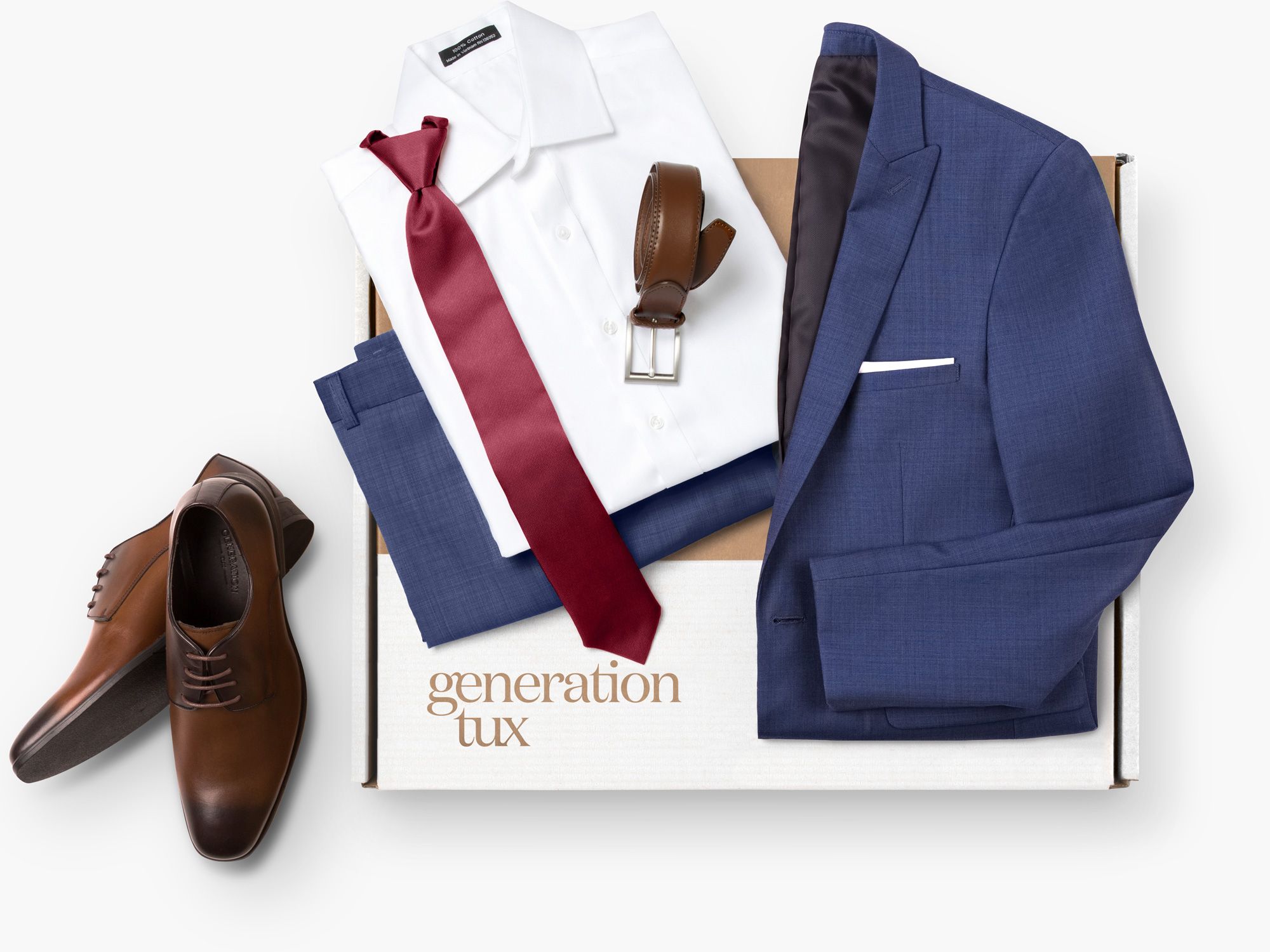 Generation Tux online suit rental with accessories and box delivery.