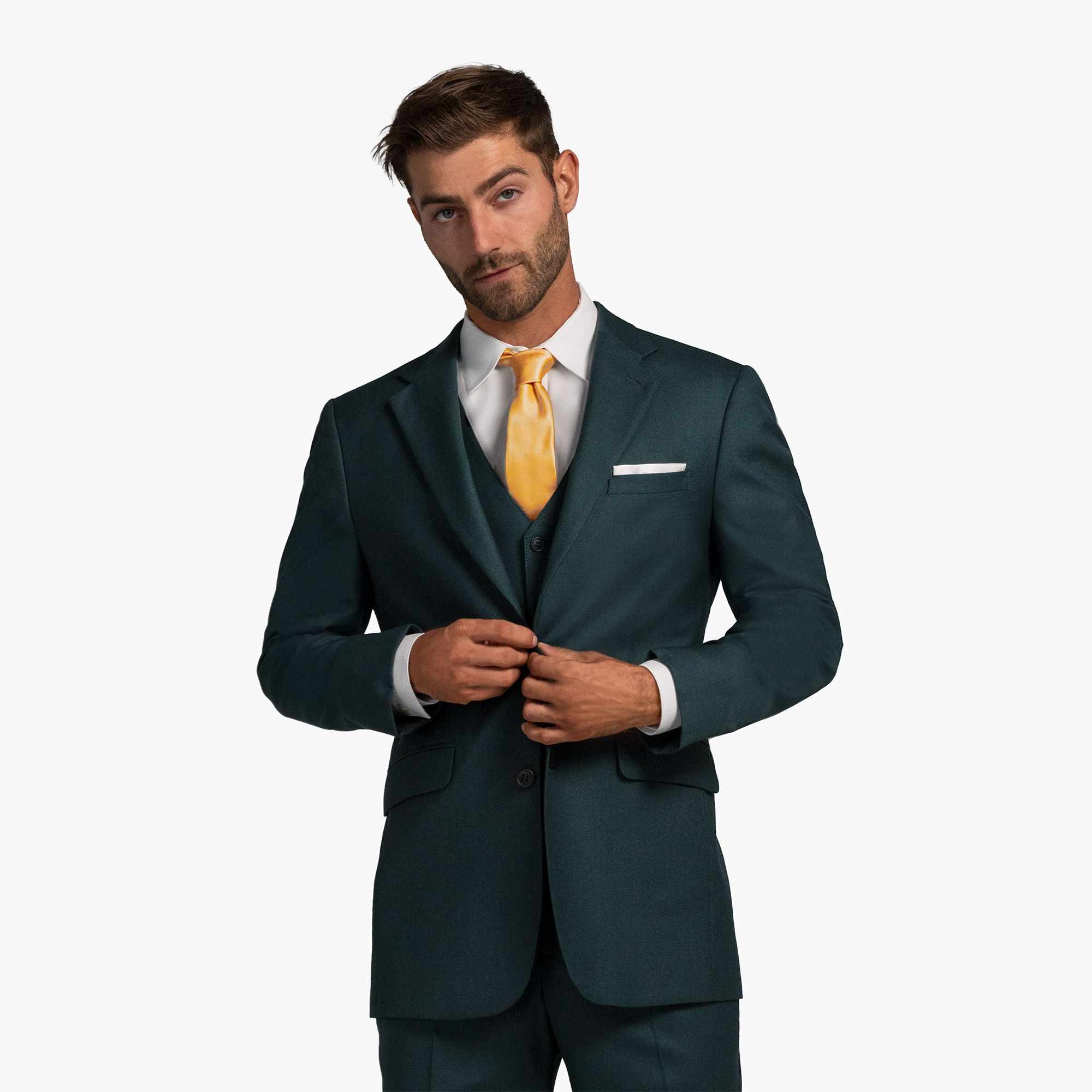 Male model wearing hunter green notch lapel suit with yellow tie