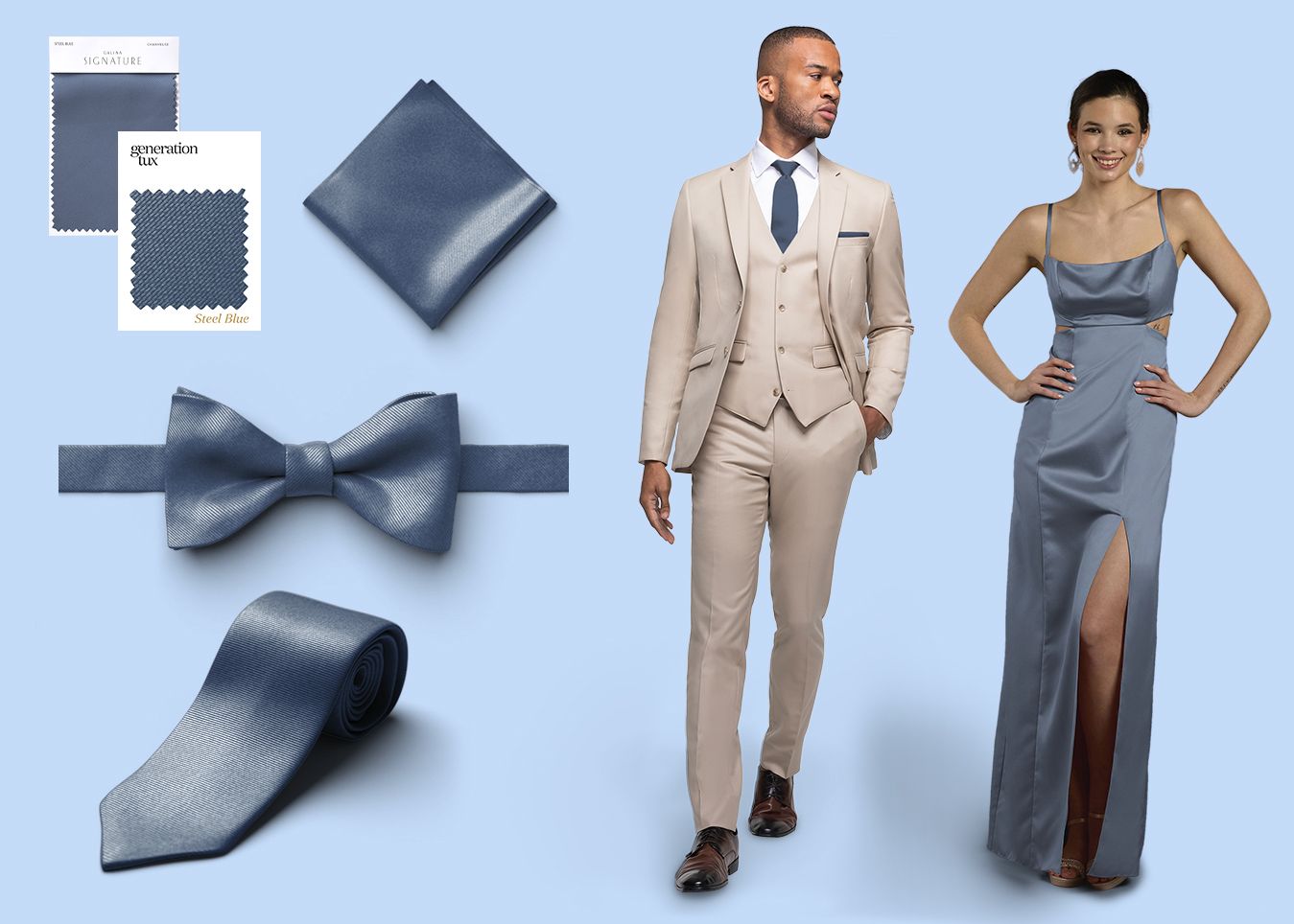 Generation Tux and David's Bridal Steel Blue accessories and dress