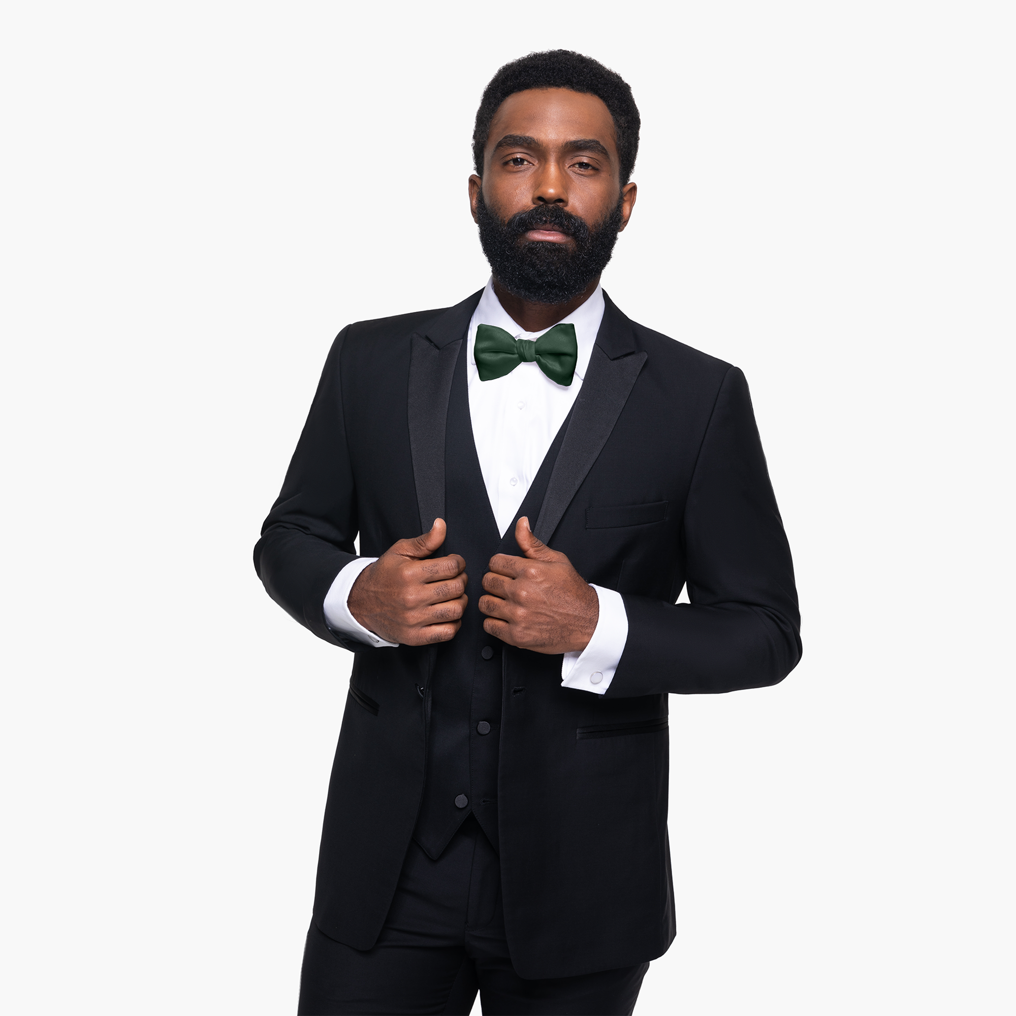 Black peak lapel tuxedo on a male model