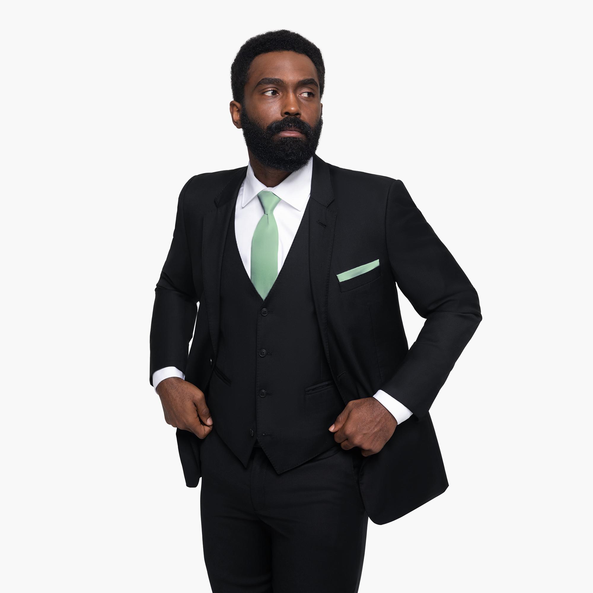 Black notch lapel suit on male model