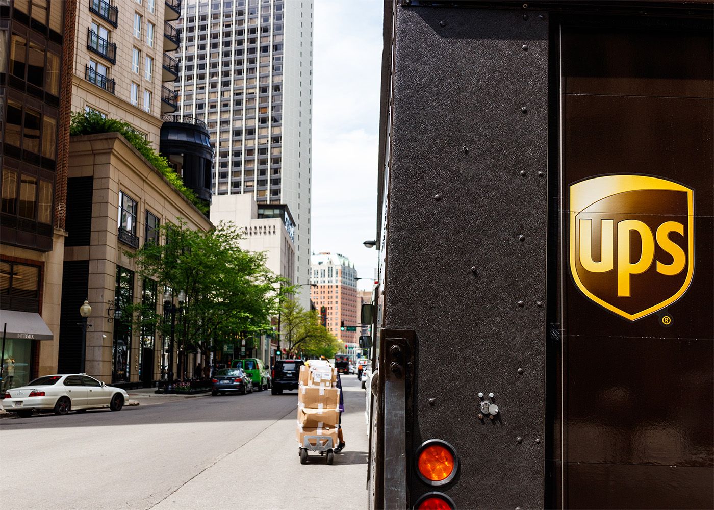 A UPS truck in the city