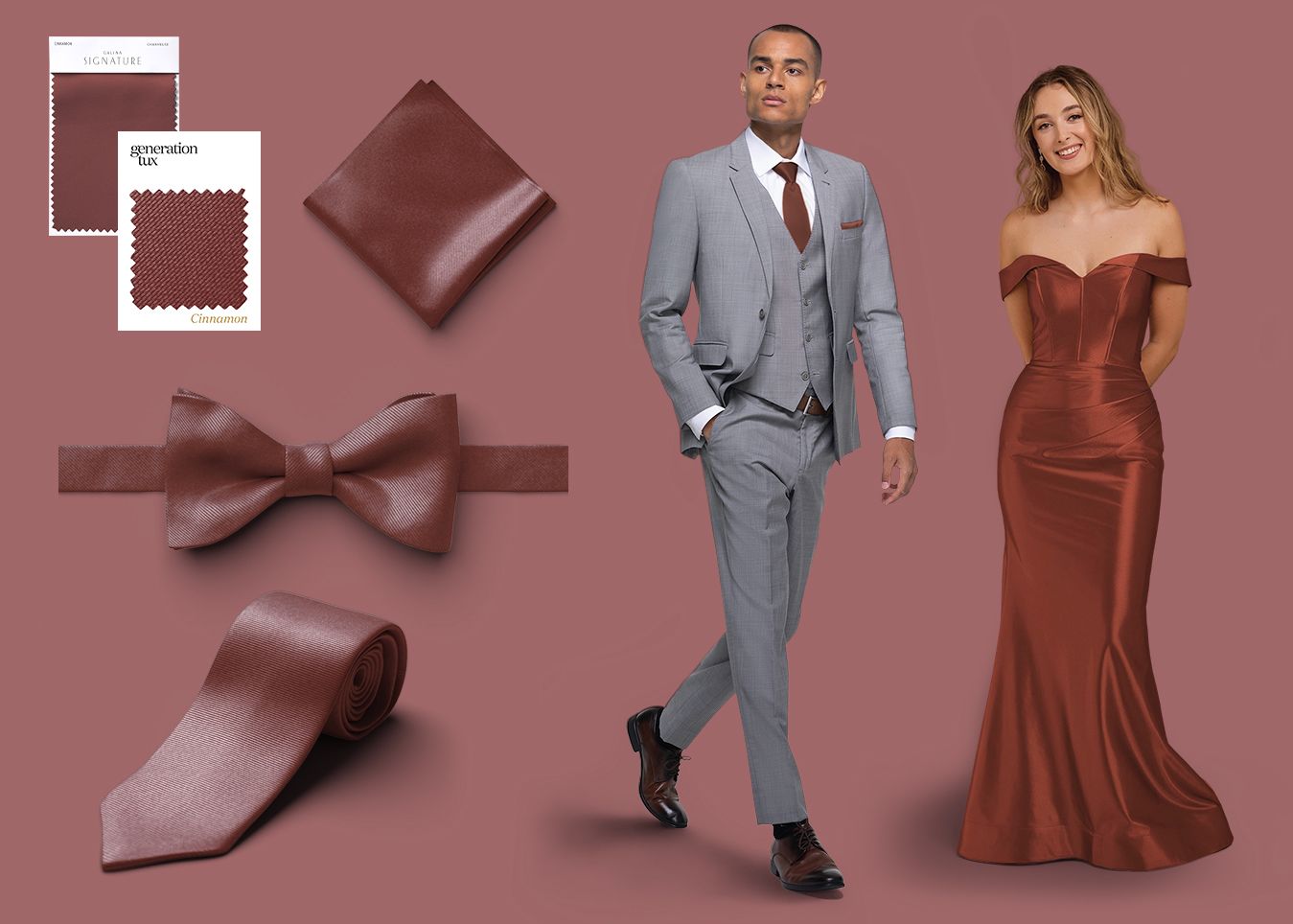 Generation Tux and David's Bridal Cinnamon accessories and dress