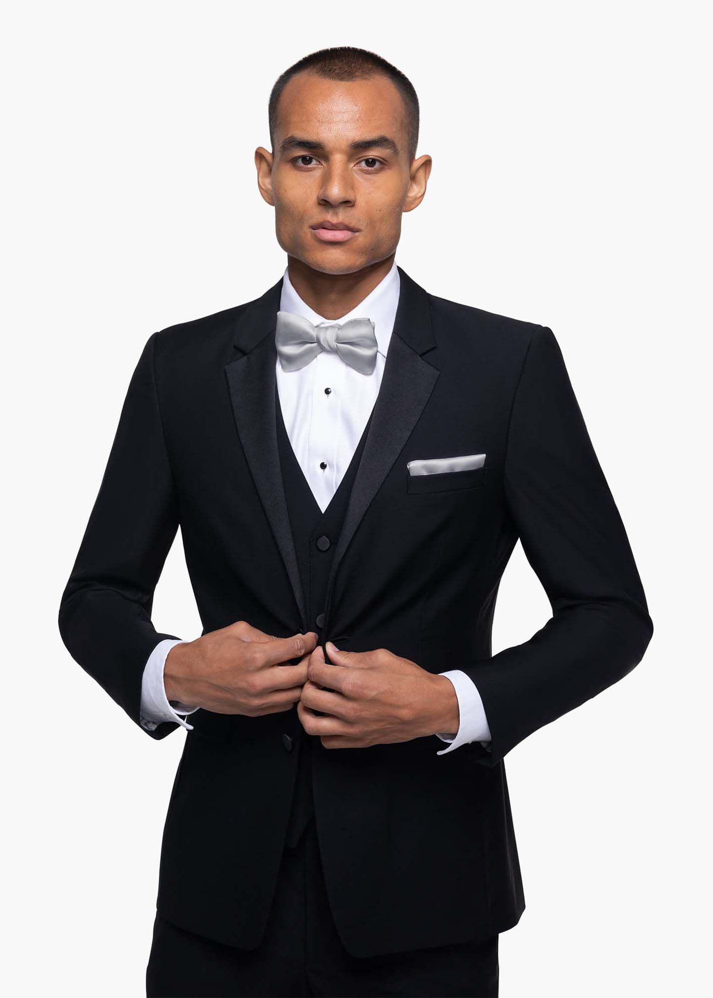 Black notch lapel tuxedo on male model