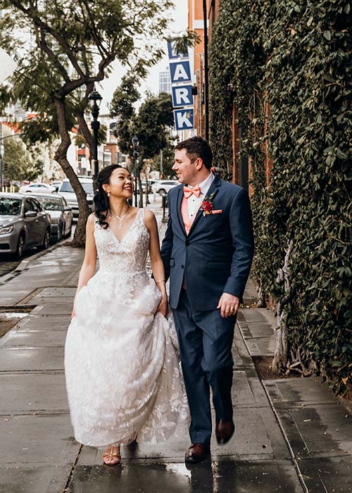 Bride and Groom in navy suit