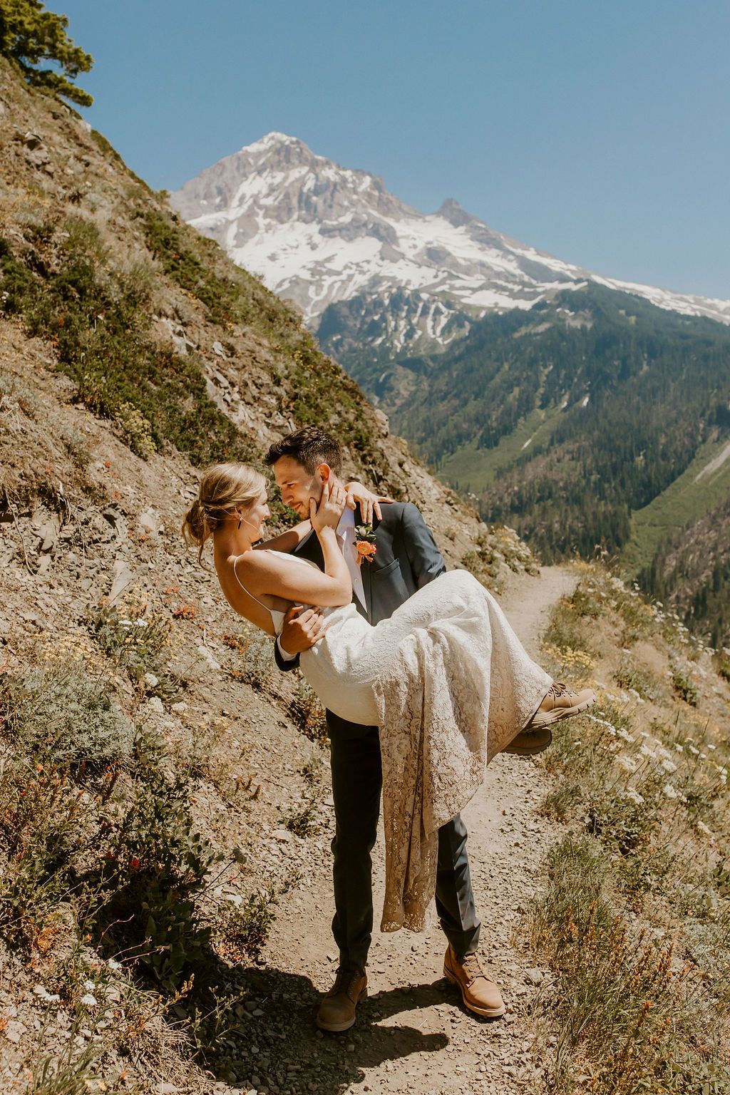 Bride and Groom in blue suit
