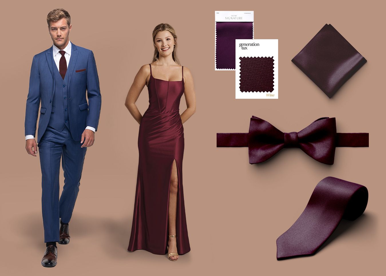 Generation Tux and David's Bridal Wine accessories and dress
