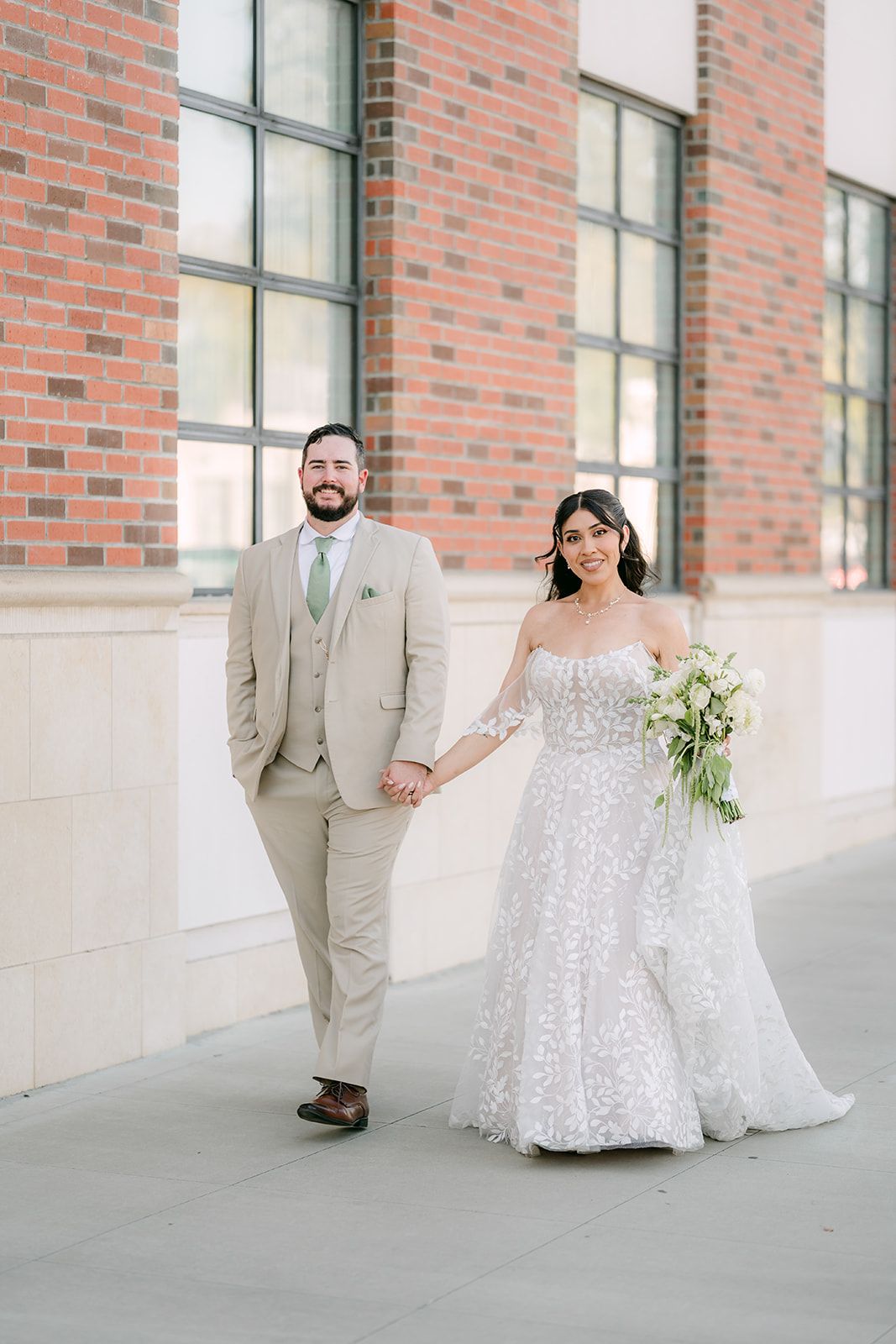 Bride and Groom in tan suit 