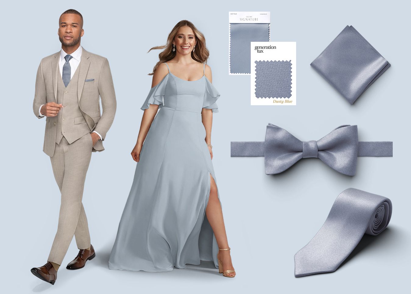Generation Tux and David's Bridal Dusty Blue accessories and dress