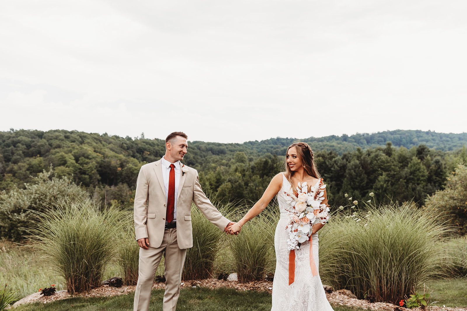 Bride and Groom in beige suit 