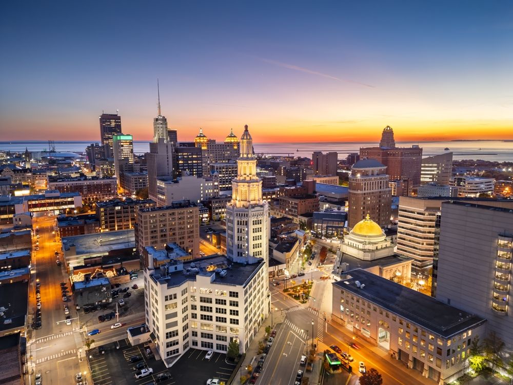 Buffalo, New York, USA downtown city skyline at golden hour