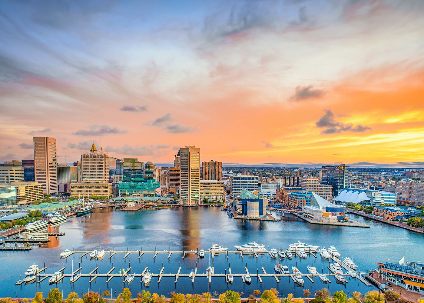 The skyline of Baltimore, MD at sunset
