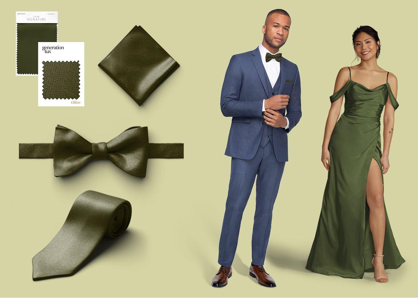 Generation Tux and David's Bridal Olive accessories and dress