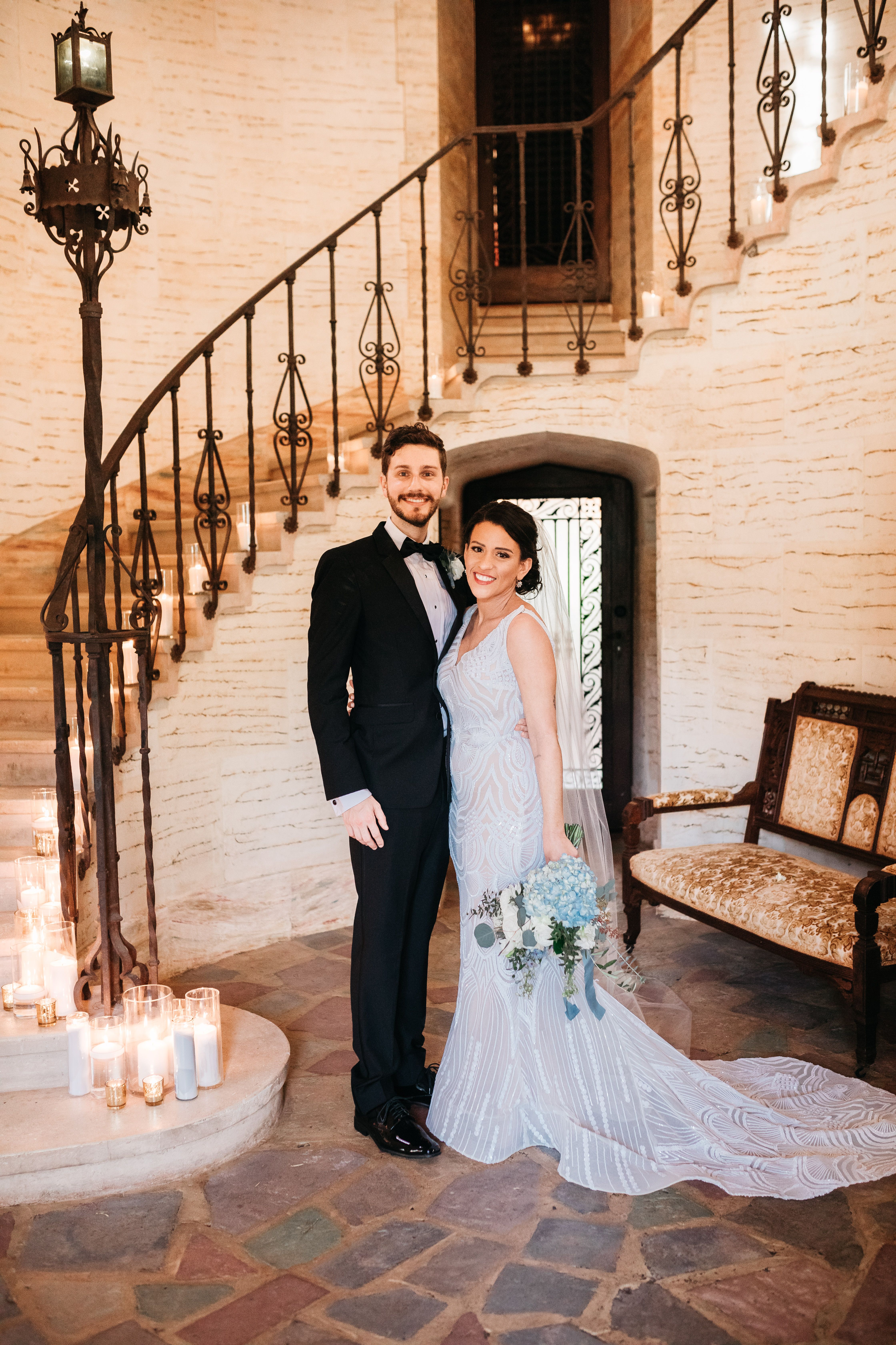 Bride and groom in black tuxedo