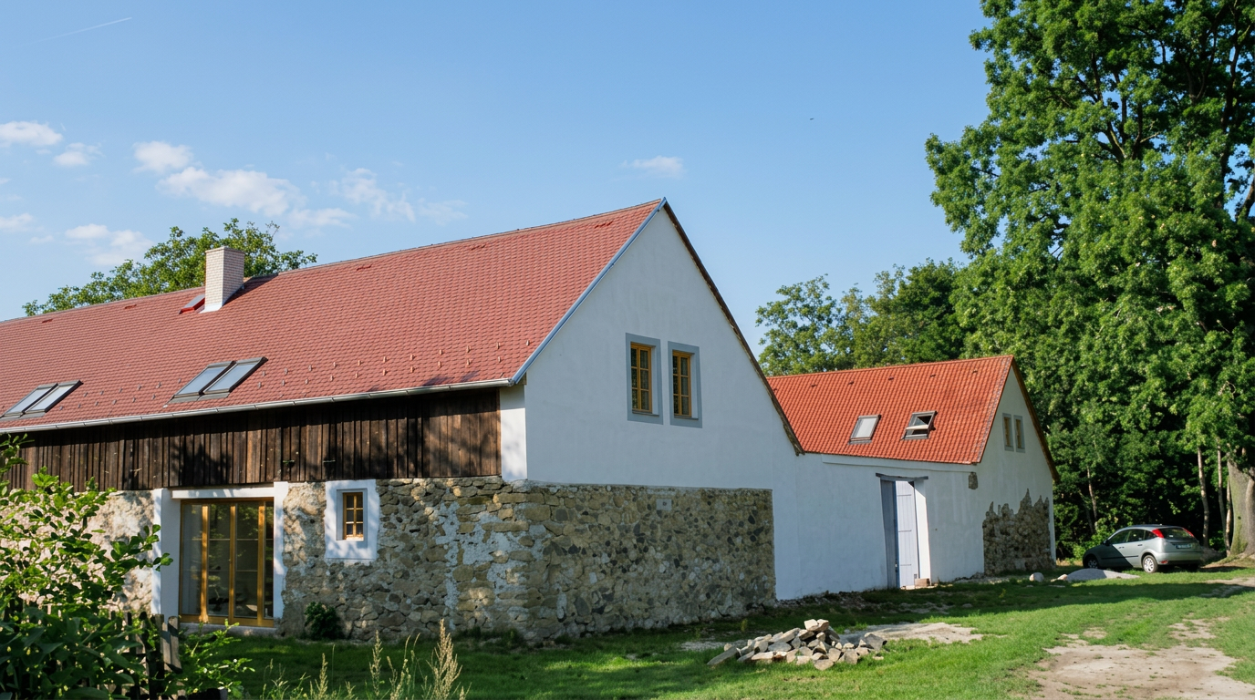 Bílé stavení s červenou střechou