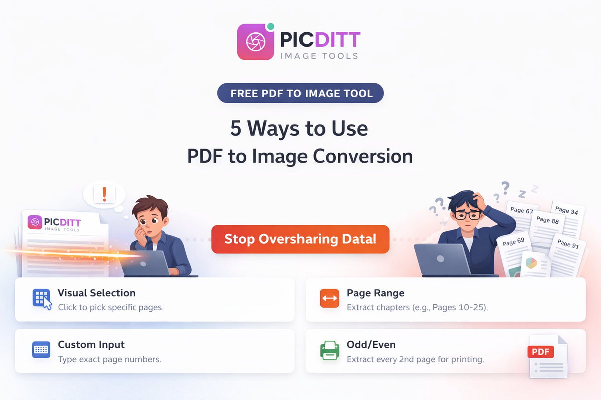 Infographic explaining four PDF splitting modes visual selection page ranges custom number input and odd even page extraction