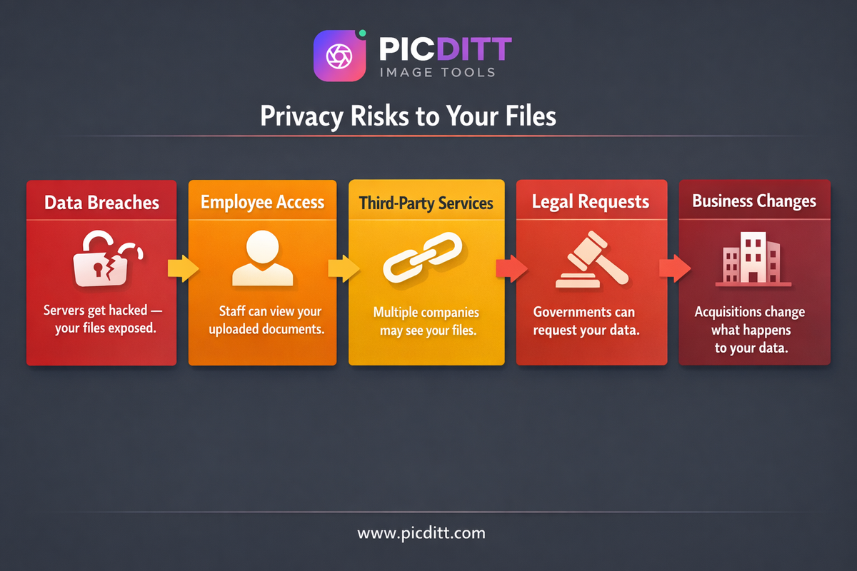 Five privacy risk cards showing data breaches employee access third-party services legal requests and business changes as dangers of uploading files to online converters