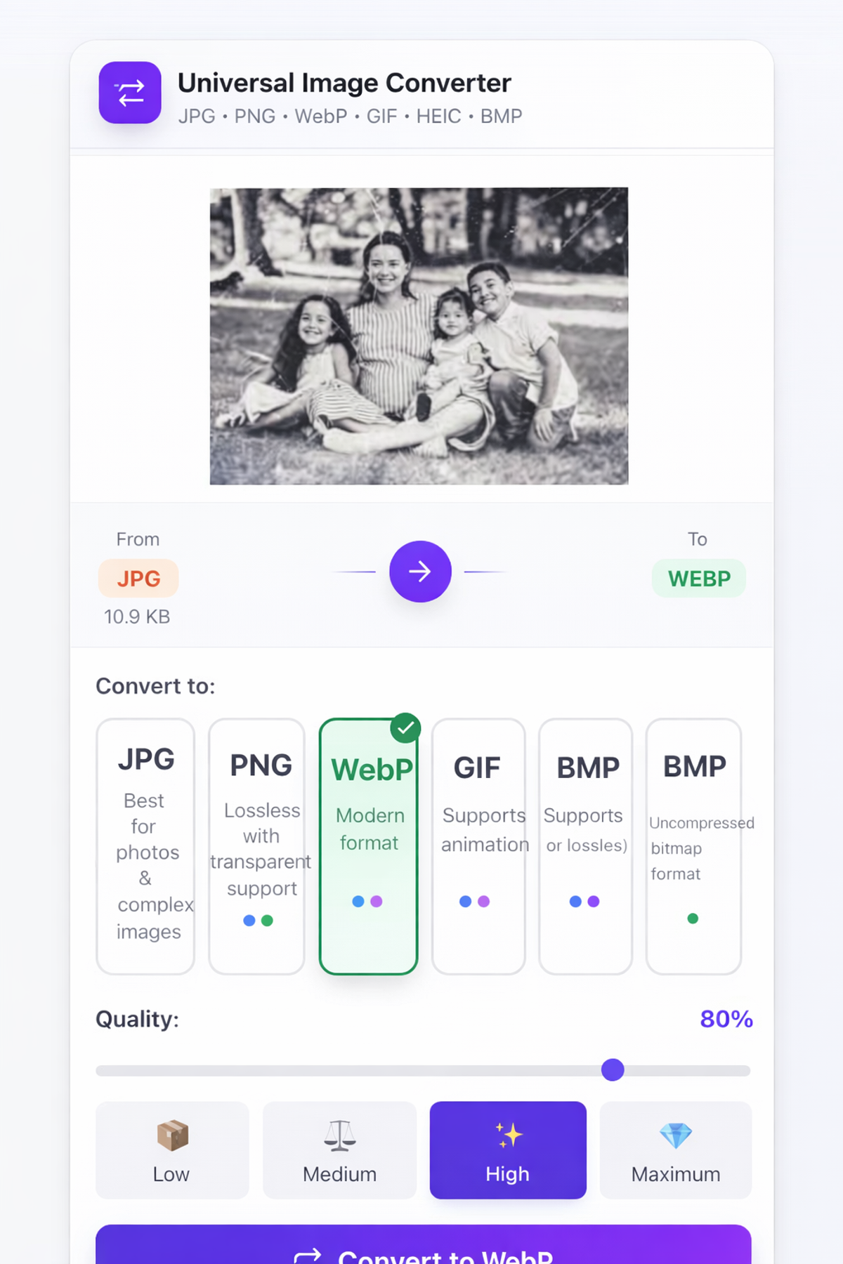 PicDitt image converter format selection showing JPG PNG WebP GIF BMP options with quality slider