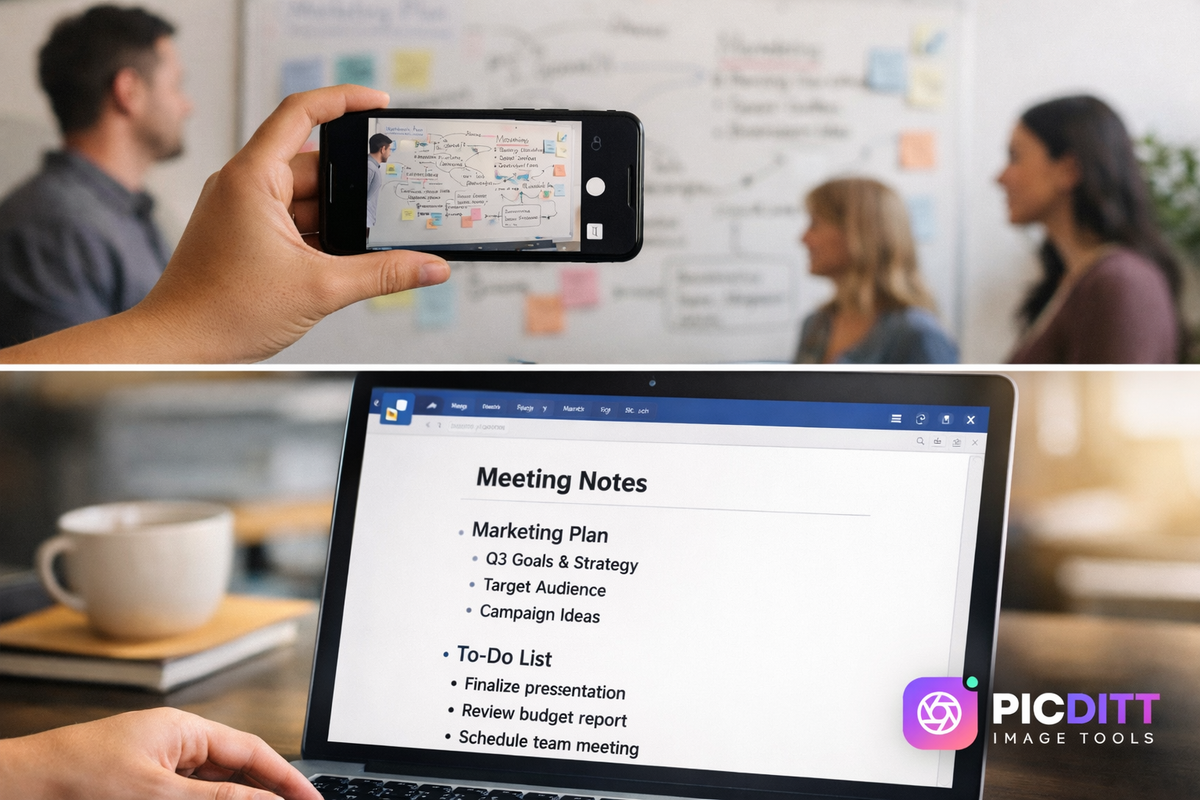 Photograph of someone taking a picture of a whiteboard, followed by the text appearing on their laptop screen