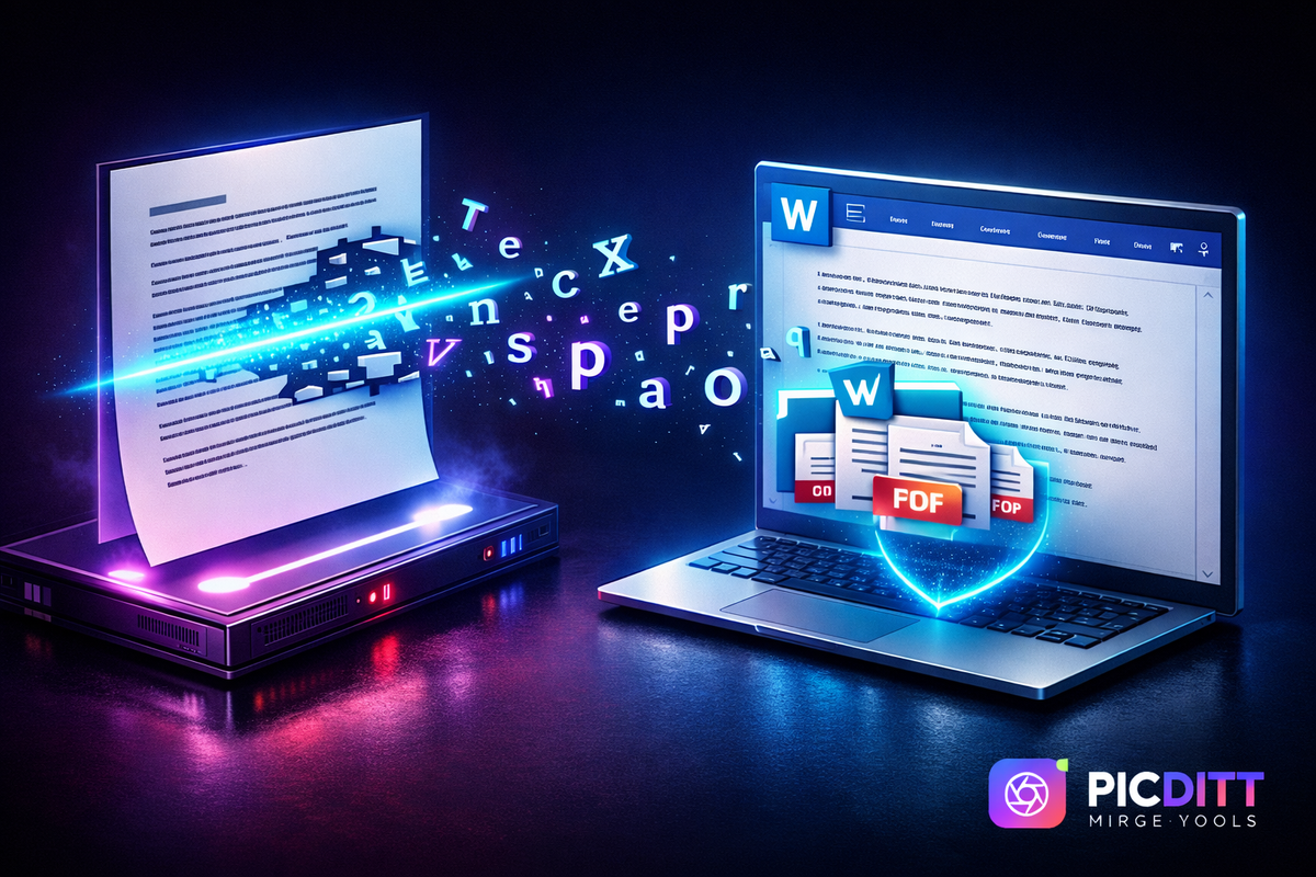 3D render showing text being lifted off a photograph by a laser and dropped into an editable text document
