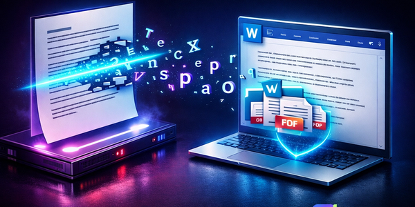 3D render showing text being lifted off a photograph by a laser and dropped into an editable text document