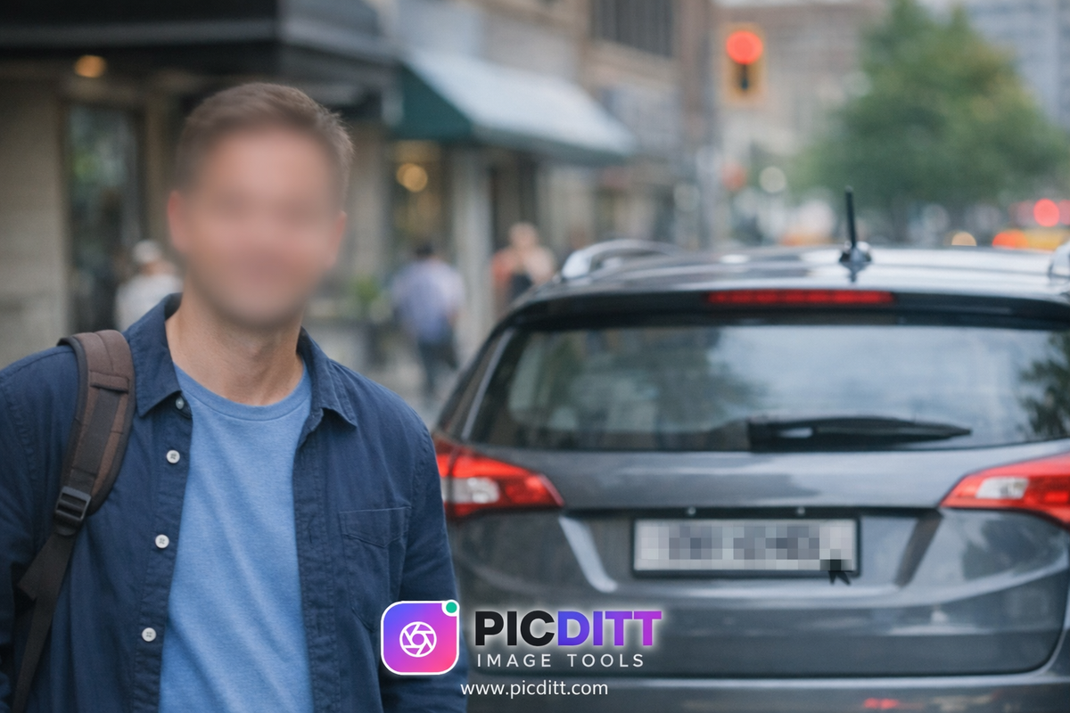 blurred license plate and face example