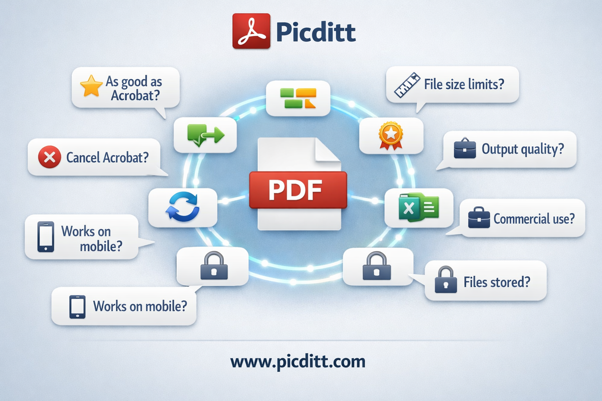 FAQ illustration showing a PDF workflow diagram surrounded by floating question cards about quality comparison file limits commercial use privacy password protection and mobile support