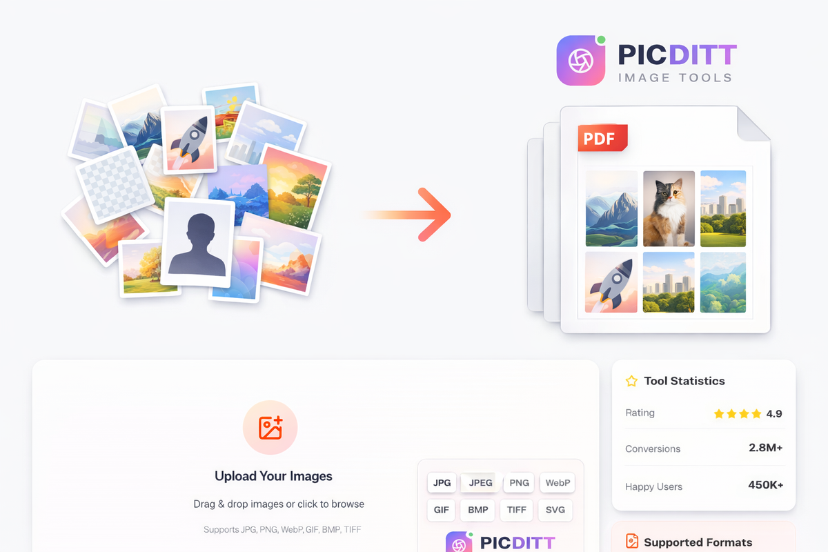 Multiple scattered image files converted into one organized professional PDF document