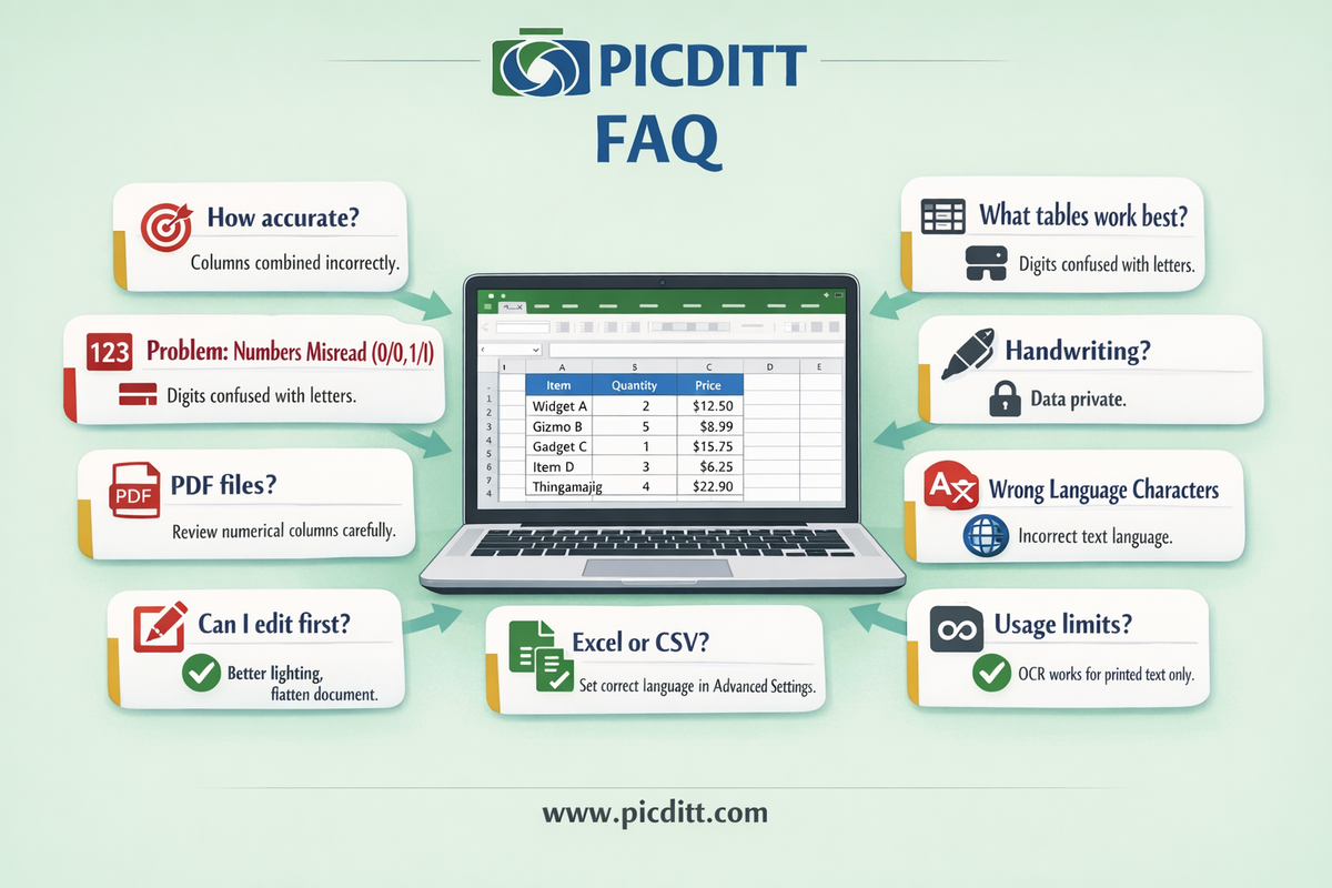 FAQ illustration showing a laptop with converted Excel spreadsheet surrounded by floating question cards about OCR accuracy table types handwriting PDF support privacy languages and editing