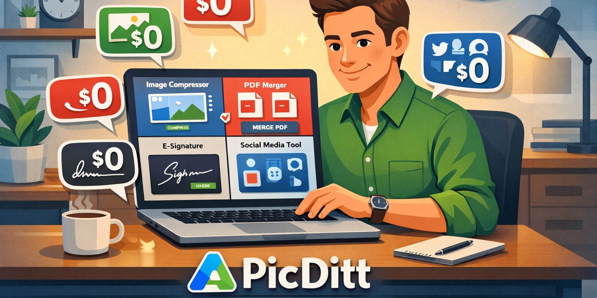 Small business owner at a desk using a laptop displaying multiple free online tool interfaces for image editing PDF management and social media with zero cost labels