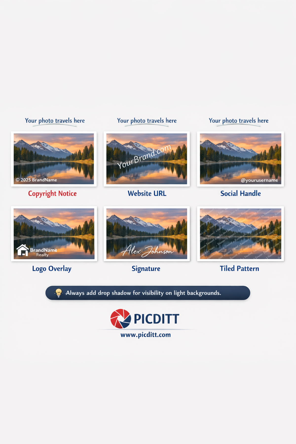 Six types of photo watermarks shown on photo thumbnails including copyright notice website URL social handle logo overlay signature and tiled pattern