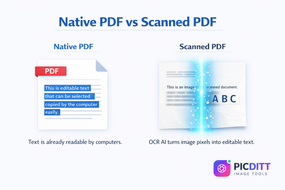 Infographic explaining the difference between native PDFs with selectable text and scanned PDFs that require Optical Character Recognition OCR to extract data