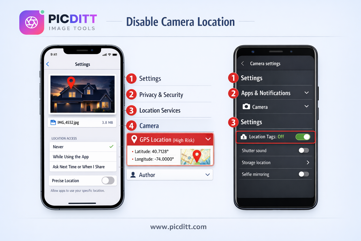Split screen showing how to disable camera location settings on iPhone and Android smartphones to prevent EXIF GPS data from being recorded