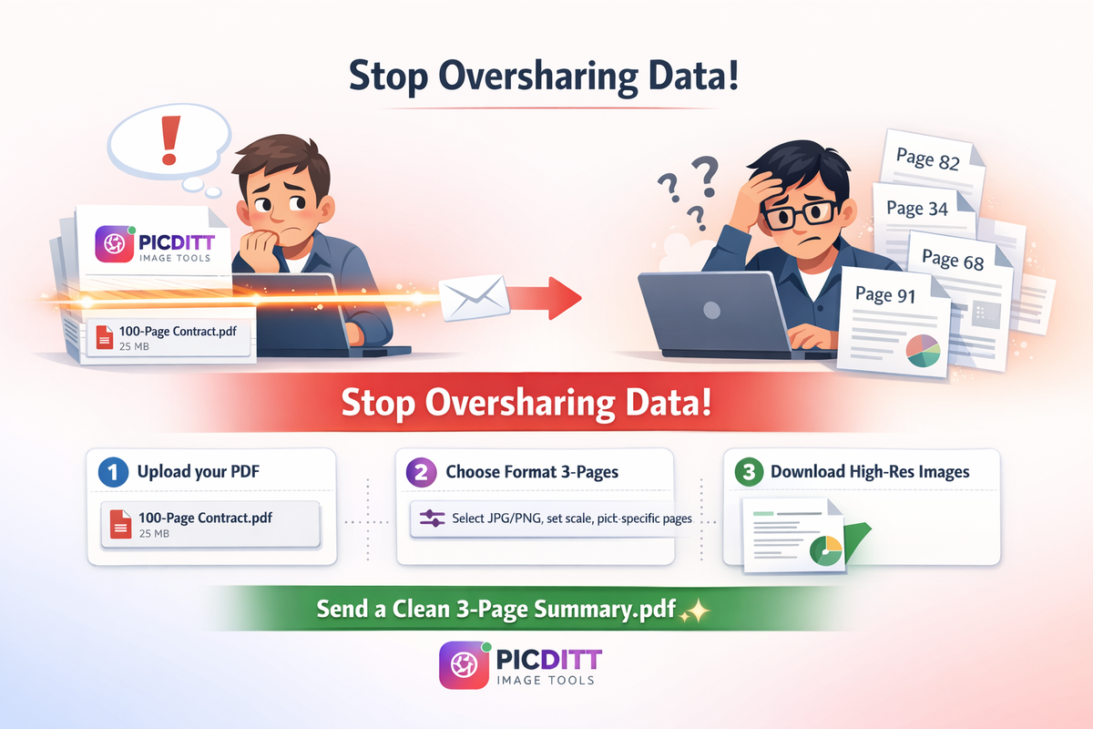 Infographic illustrating the problem of sending massive 100-page PDFs when the recipient only needs a few specific pages, highlighting data oversharing risks