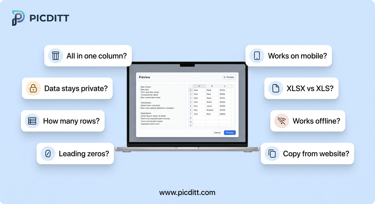 FAQ illustration showing a laptop with text to Excel conversion surrounded by floating question cards about privacy row limits leading zeros mobile support and offline use