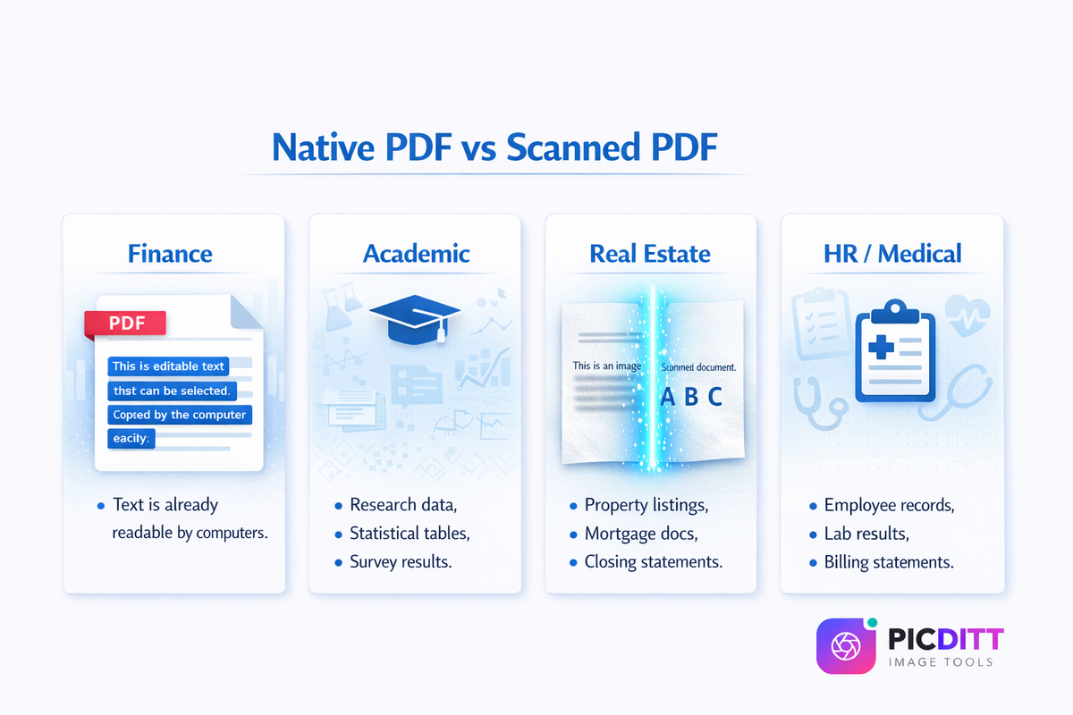 Infographic showing industry use cases for PDF to Excel conversion in finance academia real estate and HR medical fields