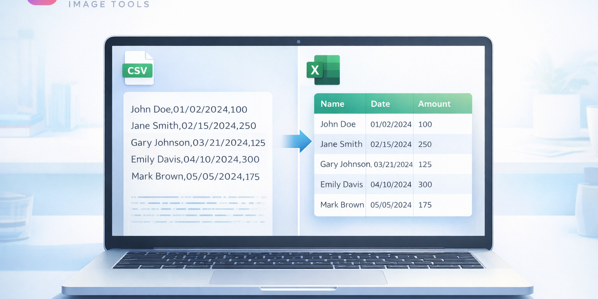 CSV file being converted to a perfectly formatted Excel XLSX spreadsheet on a laptop screen with data columns correctly displayed