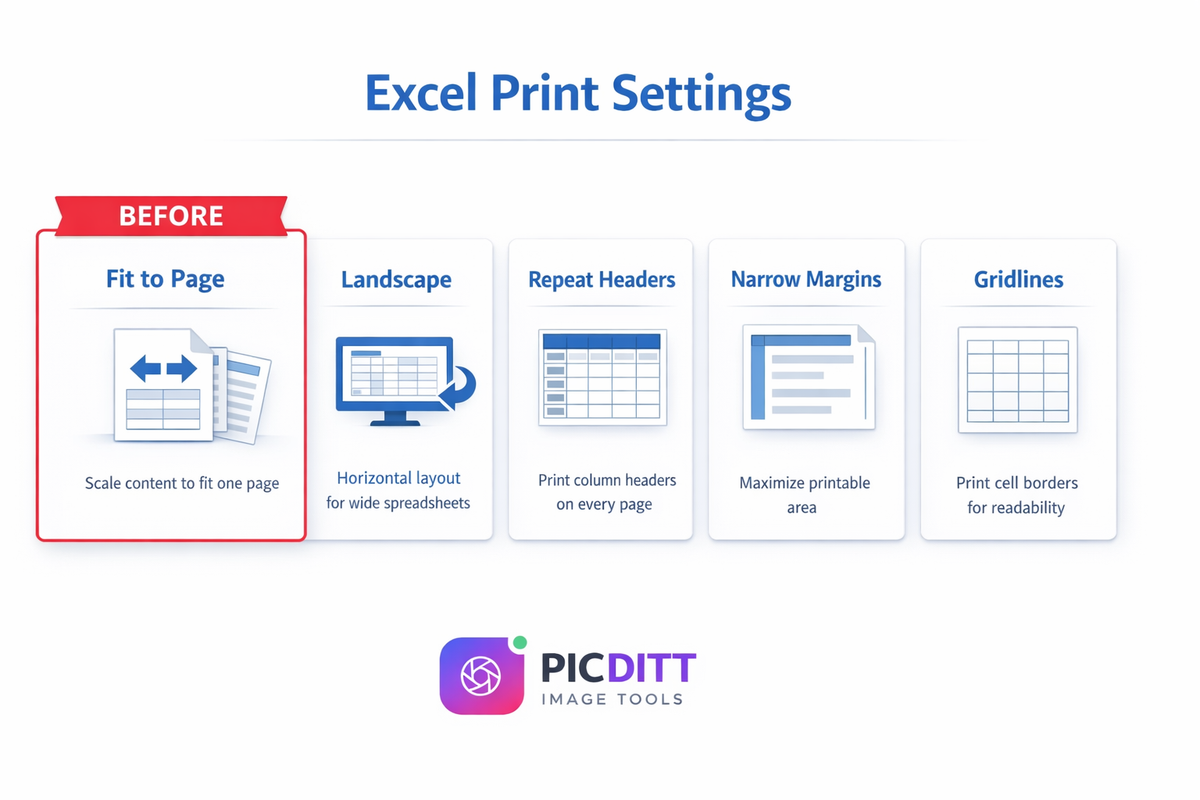 Infographic explaining five key Excel print settings including fit to page landscape orientation repeat headers narrow margins and gridlines