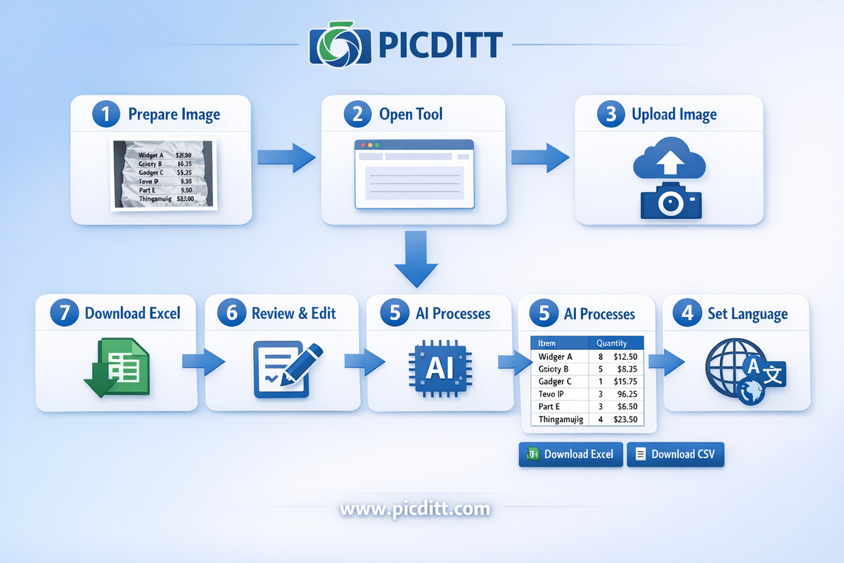 Seven step process flowchart showing how to convert an image to Excel from preparing the photo through uploading setting language AI processing reviewing editing and downloading