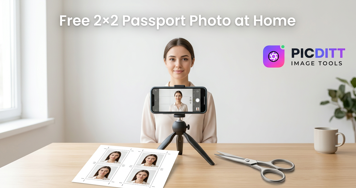 Free 2×2 passport photo at home with phone, white background, and 4×6 print sheet