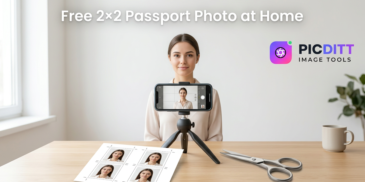 Free 2×2 passport photo at home with phone, white background, and 4×6 print sheet