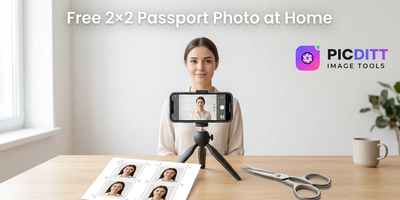 Free 2Γ2 passport photo at home with phone, white background, and 4Γ6 print sheet