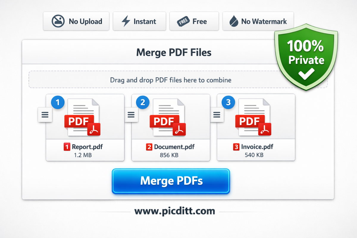 Picditt Merge PDF tool interface showing three PDF files arranged in a drag and drop zone with ordering controls and merge button