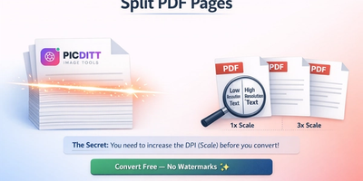 Illustration showing a large multi-page PDF document being split into several smaller individual PDF files