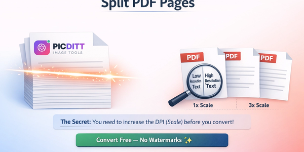 Illustration showing a large multi-page PDF document being split into several smaller individual PDF files