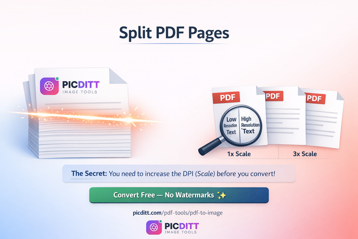 Illustration showing a large multi-page PDF document being split into several smaller individual PDF files
